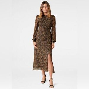 Ever New Paisley Dark Floral Belted Midi Dress Long Sleeve Size 0